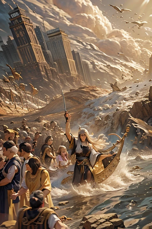 "(masterpiece: 1.2), 8K UHD resolution, Moses Parting the Sea，After being pursued, he escaped and led his people to the other side of the river.，Bible、myth，The Ten Commandments of Moses，He has a walking stick in his hand
