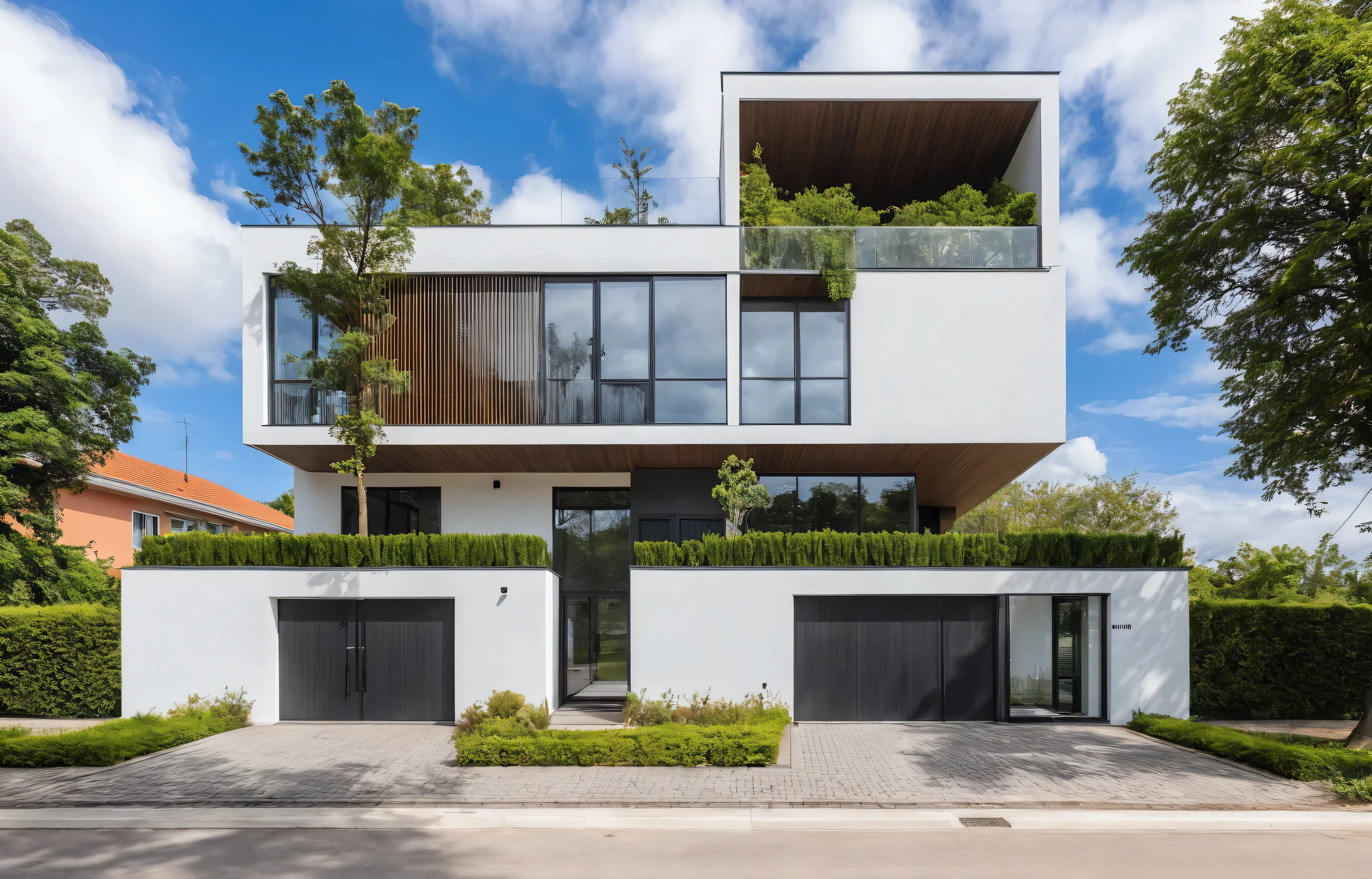 Raw photo,Masterpiece, high quality, best quality, authentic, super detail,
outdoors, house style modern,bietthuhn, white wall, glass windows, gate
road,pavement, grass, trees, sky, cloud, (day:1.1),