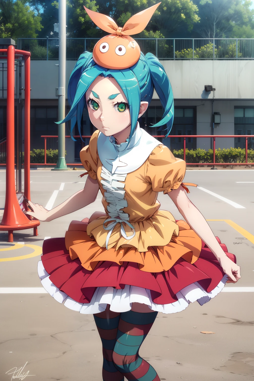 masterpiece、Best Quality、High resolution、Detailed face、((anime、anime塗り、animeカラーリング、RAW Photos、Bakemonogatari、official))、 1girl, Alone, looking at viewer, ononokiyotsugi, aqua hair, short hair, green eyes, twintails, thick eyebrows, striped pantyhose, blue and gray pantyhose, dress, orange dress, white turtle neck collar, white frills, hat, puffy sleeves, short sleeves,Alone, park, playground, close up,signature pose , expressionless, closed mouth