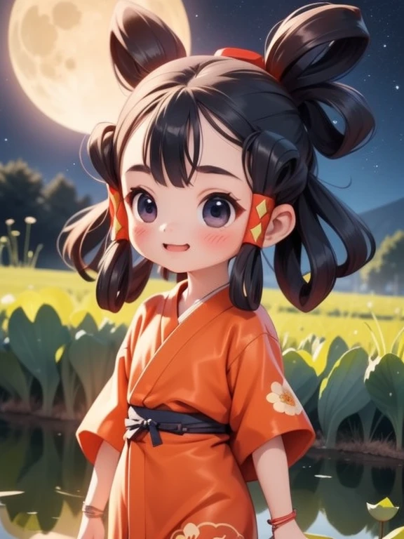 (Superflat, Flat Shading)，最high quality、high quality、Very small young girl ，Very short stature，Flat Chest，Thin thighs，smile，Large pond in the moonlight、Lotus flower:1.2，moonlight、Short cute kimono，Cute loincloth，Cunning gestures，Counting the Stars，