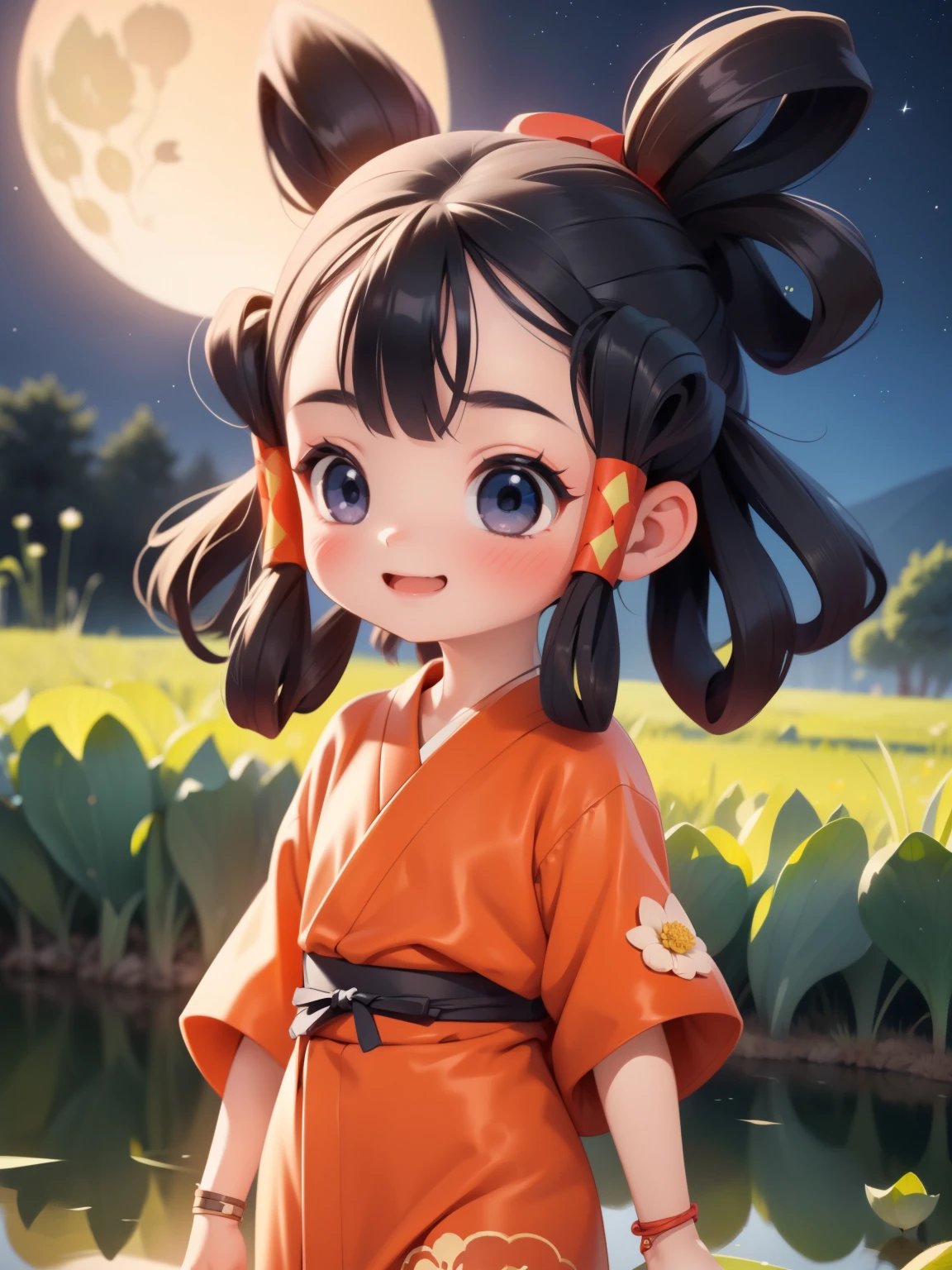 (Superflat, Flat Shading)，最high quality、high quality、Very small young girl ，Very short stature，Flat Chest，Thin thighs，smile，Large pond in the moonlight、Lotus flower:1.2，moonlight、Short cute kimono，Cute loincloth，Cunning gestures，Counting the Stars，