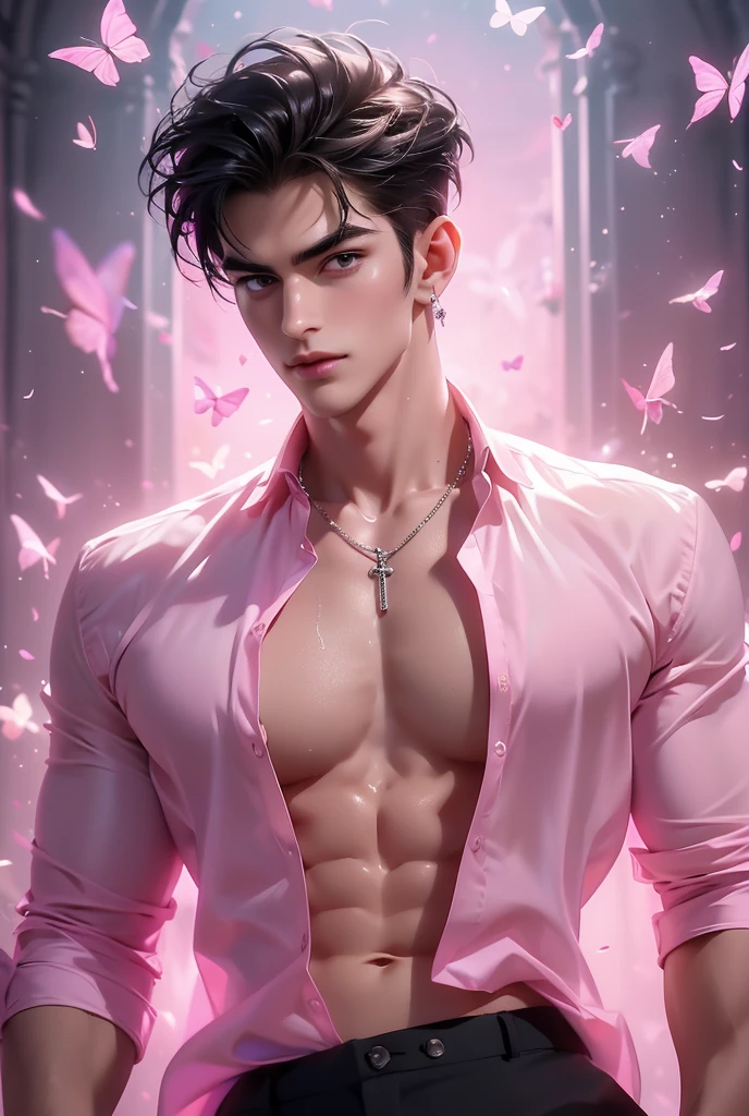 (absurdres, highres, ultra detailed), a tall handsome muscular young man, solo, beautiful detailed eyes, beautiful detailed lips, extremely detailed eyes and face, smooth skin, a hot glow in his skin, perfect body, large chest, extremely large breasts, big nipples, sexy gaze, looking at the viewer romantically, sexy expression, sexy posture, short hairstyle, ((wearing (pink color exquisite shirt) and black pants, jewellery, necklace), (open shirt showcasing chest and abs)),  beautiful, gorgeous, wet, sensual, alluring, erotic, mature, butterflies on his body, butterflies flying through the air, gradient background, Sparkle & Sequin Backdrops, vibrant colours, breathtaking grandeur, model pose, colorful, artistic, focus on his calm facial features, elegant look, full length portrait,