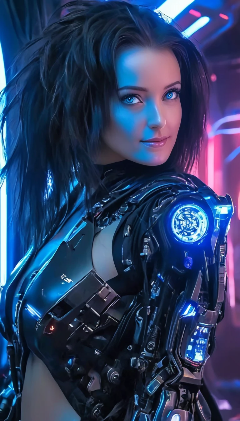 (Best Quality, 4K, 8k, High resolution, masterpiece: 1.2), (Very detailed, Realistic, Realistic:1.37), Futuristic衣装を着た女性, A woman wearing exoskeleton cyber armor, The armor fits snugly、((She has a plasma gun in her hand)), Full body photo, Maximum details, Superior quality through precise drawings, 8k,chest, blue eyes, High resolution, 超High resolution, Best Quality, Shortcuts, Big chest, Cinematic Lighting Effects, Futuristic,  美しいBlack Hairの女性, blue eyes, Cyberpunk style woman, ((Inside a high-tech spaceship)), High quality images、Black Hair, Shortcuts,