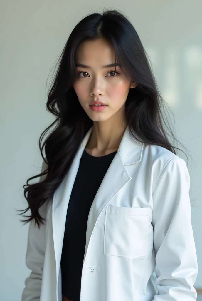 half-length shot, A woman in a white blazer, White dress, Long black hair, Subtle monochrome tone style, Shiny/Glossy solid color, Classic preppy style, Pure white background, Unique beauty, Thin face, Business pictures