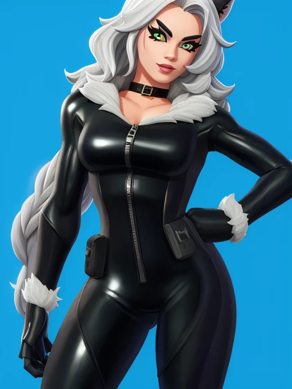 (masterpiece, best quality:1.2), 1girl, solo, Black_Cat_(Fortnite), blackcat, Black Cat, Fortnite, female, long white hair, white hair, domino mask, bodysuit, black bodysuit, gloves, choker, white gloves, collar, superhero, black bodysuit, fur trim, skin tight, zipper,
