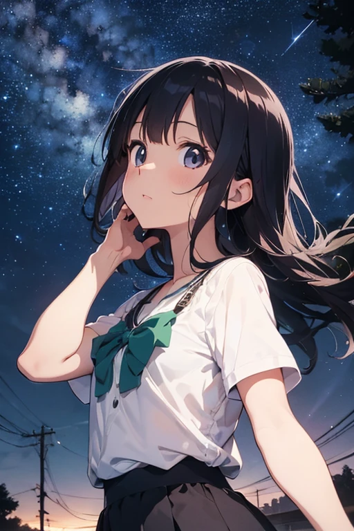 anime、Best Quality、A woman looking up at the sky、Green long hair、4、White blouse、Blue short tight skirt、evening、Near night time、Starry Sky、There&#39;s a train running in the distance、milky way、Strong backlighting、