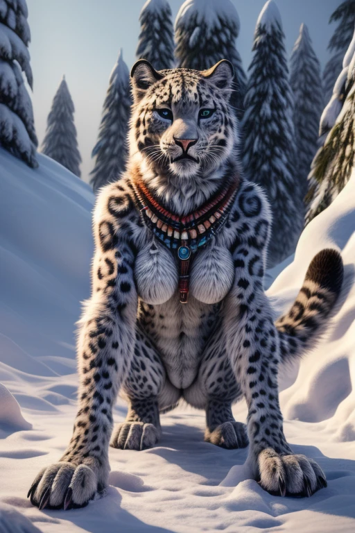 Snow leopard, humanity, furry, woman, very detailed fur, Female crawling on snow, Naked, detailed body, perfect detailed hands, 4 fingers with medium-length claws, 3 toes with claws, baring teeth, Evil look, perfect breasts, arms slightly apart to the sides, Tail is pointing upwards, the butt is slightly raised, Soles and pads, Tribal accessories on the neck, Viewer looks between the legs, Highest quality, photorealistic, High resolution, Visually breathtaking (detailed lighting), Natur, starsky, natta