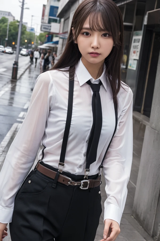 a woman in a suit, belt, hands behind back, sweating, suspenders, black pants, large breasts, see-through clothing, rain, detective, office worker, white button-up shirt, (best quality,4K,8k,highres,masterpiece:1.2),ultra-detailed,(realistic,photorealistic,photo-realistic:1.37),hyper-detailed,highly detailed face and body, Slender　thin　suspenders　Moderate breasts　See-through shirt　Nipples　holster　chain　Pistol　Armament　criminal　Female criminal　knife 　 Hands Behind Back　Constraints 程よい胸 黒いマスク
