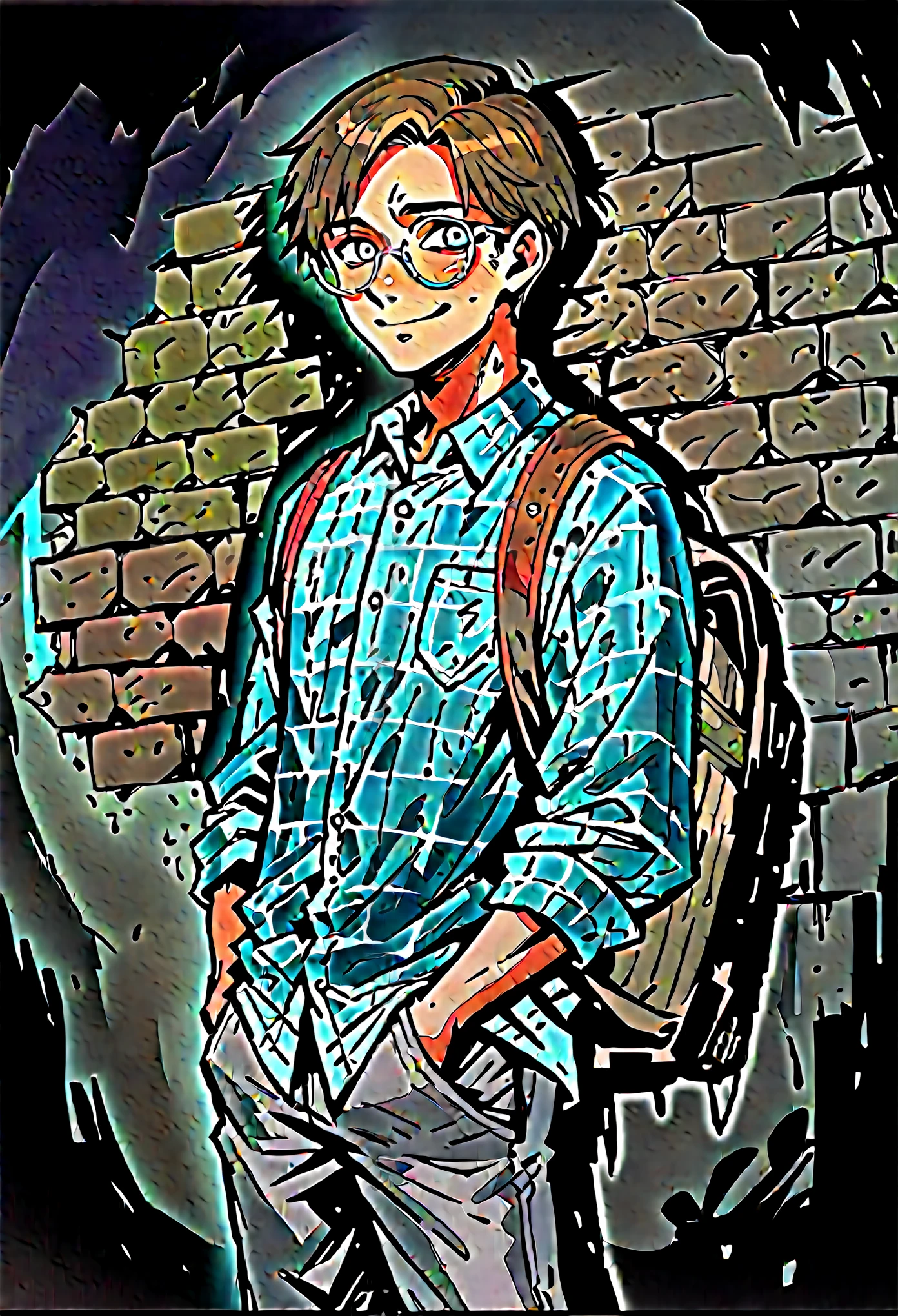 Medium close-up of a pale, slender schoolboy, brown-haired, korean perm hairstyle, straight black hair, contrast blue-gray eyes. He has uncomfortable smile expression, looking directly at the viewer, with a finely detailed, ultra-clear face. Hands in hands in pants pockets. He wears oversized round glasses and a clean nvay blue plaid shirt. Leather backpack. The background features a weathered brick wall with neon blue light, creating dark, atmospheric scene. Highly detailed, inspired by Chris Bourassa's. Dramatic lightning, blue neon lamp lights behind. Somber character design with thick outlines.