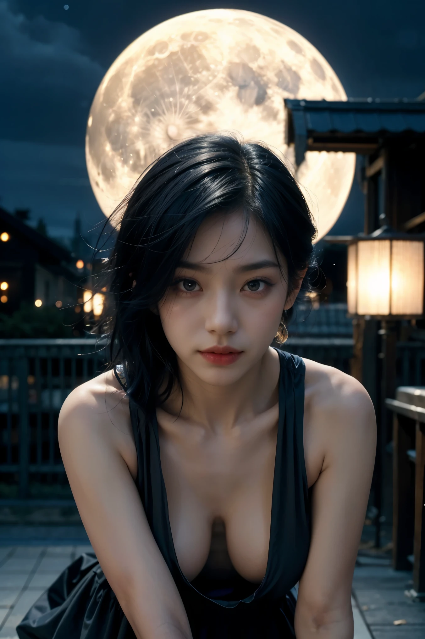 a beautiful Japanese woman, Short black hair, black eyes, A sad look, eyes filled with tears, in a black dress, black heels, On the roof of a building, night has fallen, a full moon in the distance ,(Best quality,4k,8k,high resolution,masterpiece:1.2),Ultra-detailed,(Realistic,photo-Realistic,photo-Realistic:1.37),portraits,deep blue color tones,Studio lighting vibrant