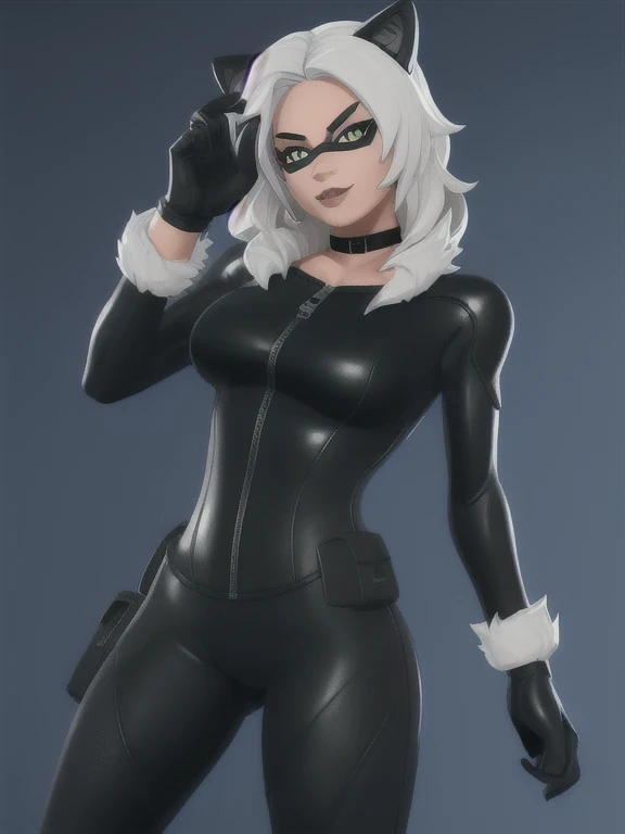 (masterpiece, best quality:1.2), 1girl, solo, Black_Cat_(Fortnite), blackcat, Black Cat, Fortnite, female, long white hair, white hair, domino mask, bodysuit, black bodysuit, gloves, choker, white gloves, collar, superhero, black bodysuit, fur trim, skin tight, zipper,
