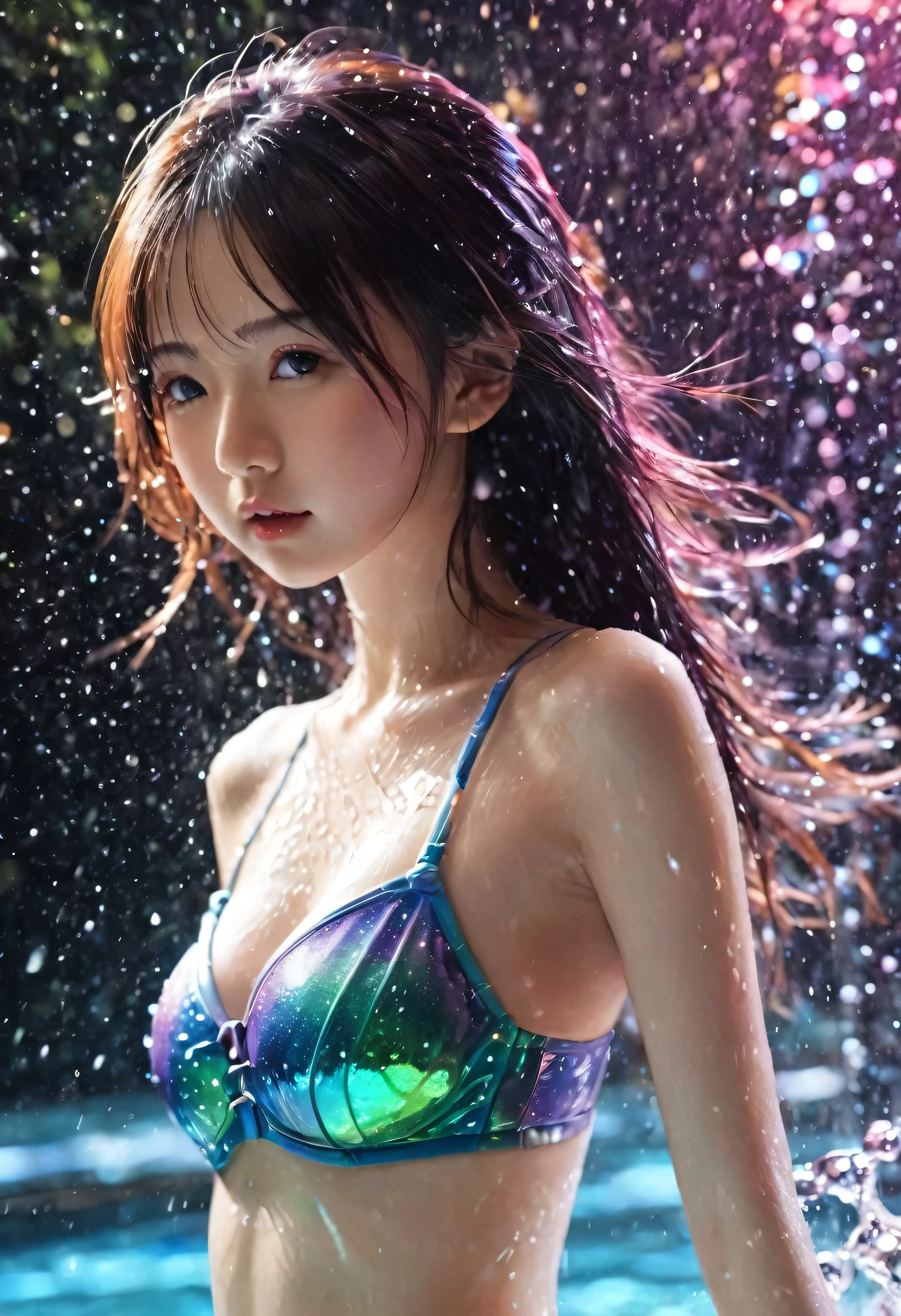 One person，, Japanese, Baby Face, bikini, Medium bust, beautiful，Glittering，Motion Blur，Water Drop，Cinematic lighting effects