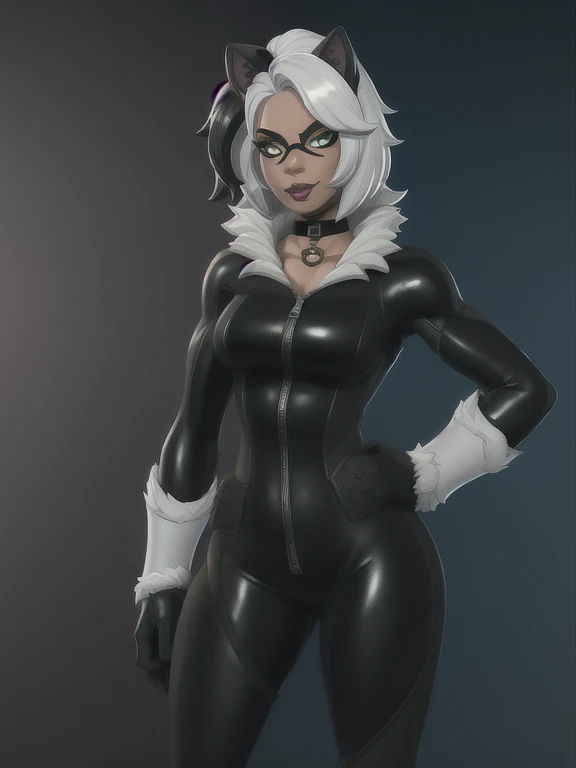 (masterpiece, best quality:1.2), 1girl, solo, Black_Cat_(Fortnite), blackcat, Black Cat, Fortnite, female, long white hair, white hair, domino mask, bodysuit, black bodysuit, gloves, choker, white gloves, collar, superhero, black bodysuit, fur trim, skin tight, zipper,
