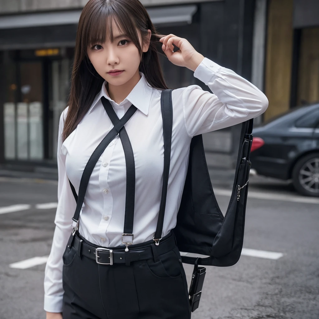 a woman in a suit, belt, hands behind back, sweating, suspenders, black pants, large breasts, see-through clothing, rain, detective, office worker, white button-up shirt, (best quality,4K,8k,highres,masterpiece:1.2),ultra-detailed,(realistic,photorealistic,photo-realistic:1.37),hyper-detailed,highly detailed face and body, Slender　thin　suspenders　Moderate breasts　See-through shirt　Nipples　holster　chain　Pistol　Armament　criminal　Female criminal　knife 　 Hands Behind Back　Constraints 程よい胸 黒いマスク
