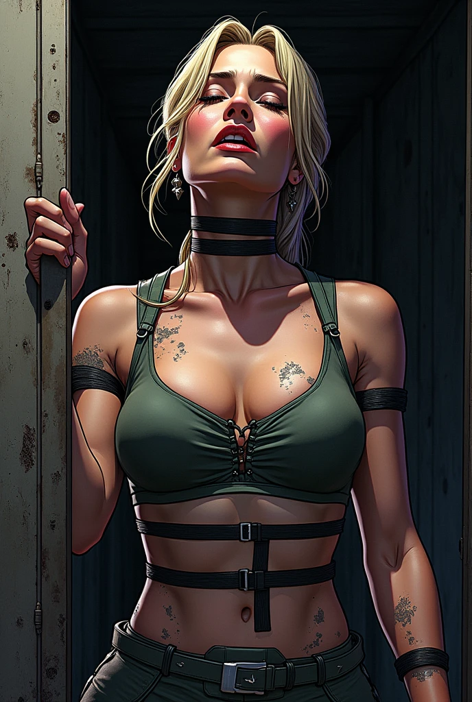 freckles, woman, blonde, cleavage, chaincore, chainpunk, steel chains, green eyes, covered in chains, chains and chains, chain skirt, lewd, sexy