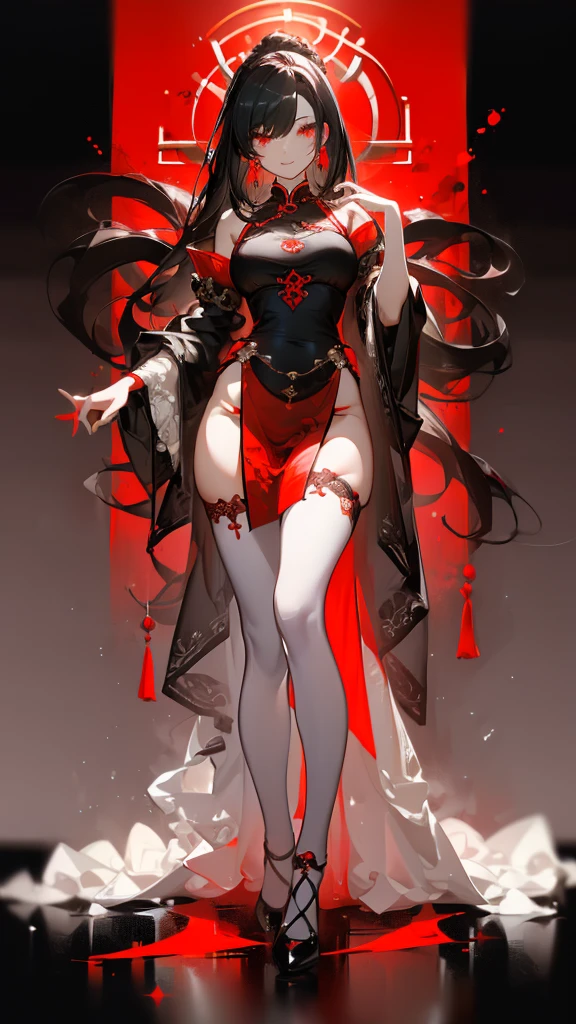 masterpiece, best quality, distinct image, 1 girl, 16 year old teenager, knee length Chinese styled dress, solo. sharp facial features, oval shaped face, cherry pink lip, lightly tanned white skin, velvet-colored eyes, tall height(175cm), slim yet chiseled body-type, dark violet-black hair, short pixie cut hairstyle, long and slender legs, curvy wide hips stretching the dress, full body image,