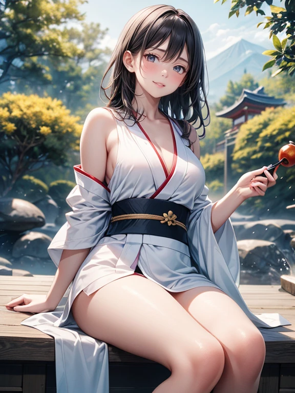 Best Quality, Super detailed, (Ultra-high resolution,8k), Ultra-high definition 4K, A young, ethereal woman with long, flowing, midnight-black hair, wearing a sheer white silk kimono, gracefully applying a blend of rosehip, argan, and jojoba oils to her decolletage while sitting in a sun-drenched Japanese garden.