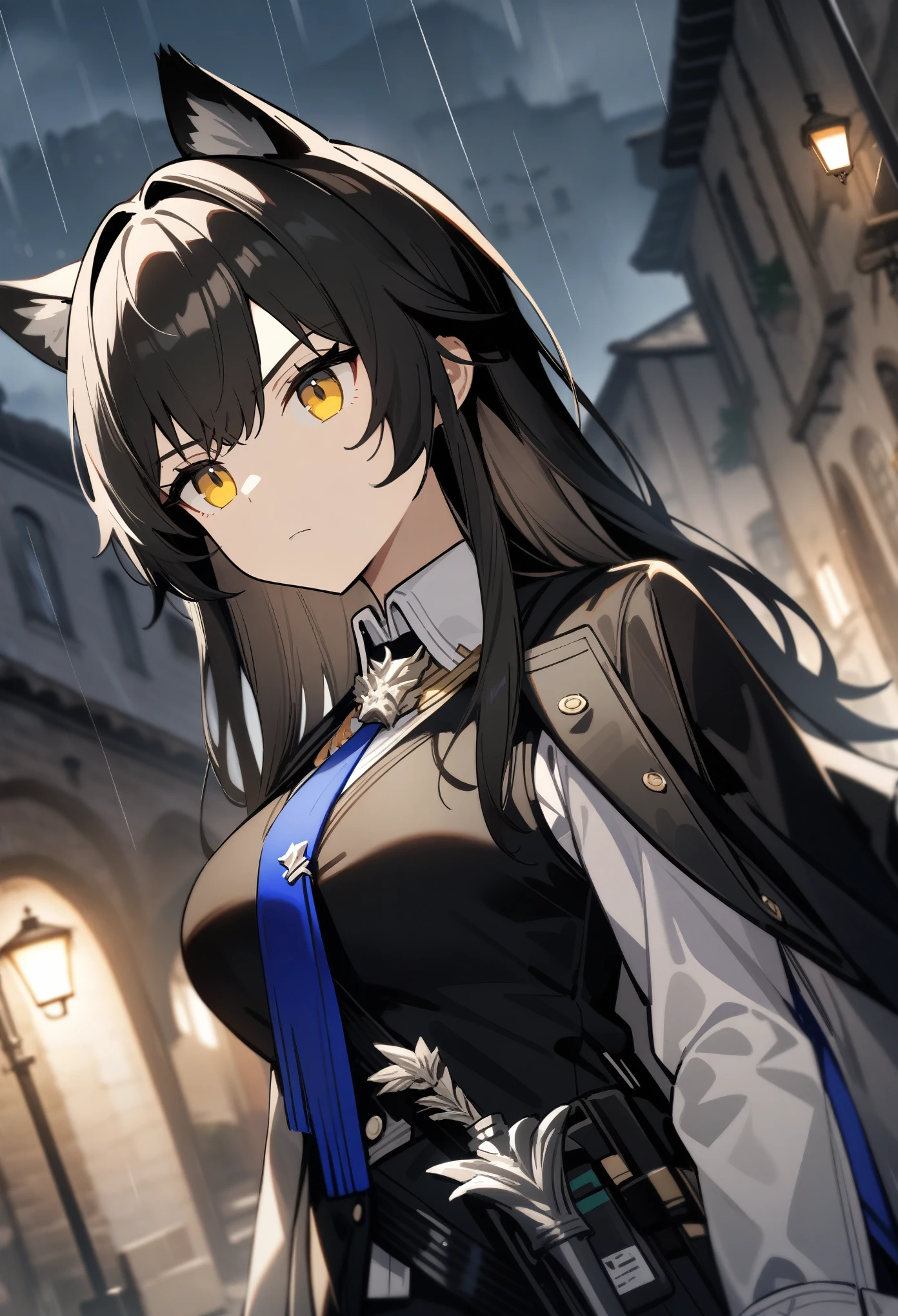 1girl, (solo:1.2), ((masterpiece)), slim, small chest, pale skin, ((detailed eyes)), (bokeh effect), (dynamic angle), dynamic pose, cat ears, black hair, long hair, blue tie, black attire, piercing gaze, narrowed eyes