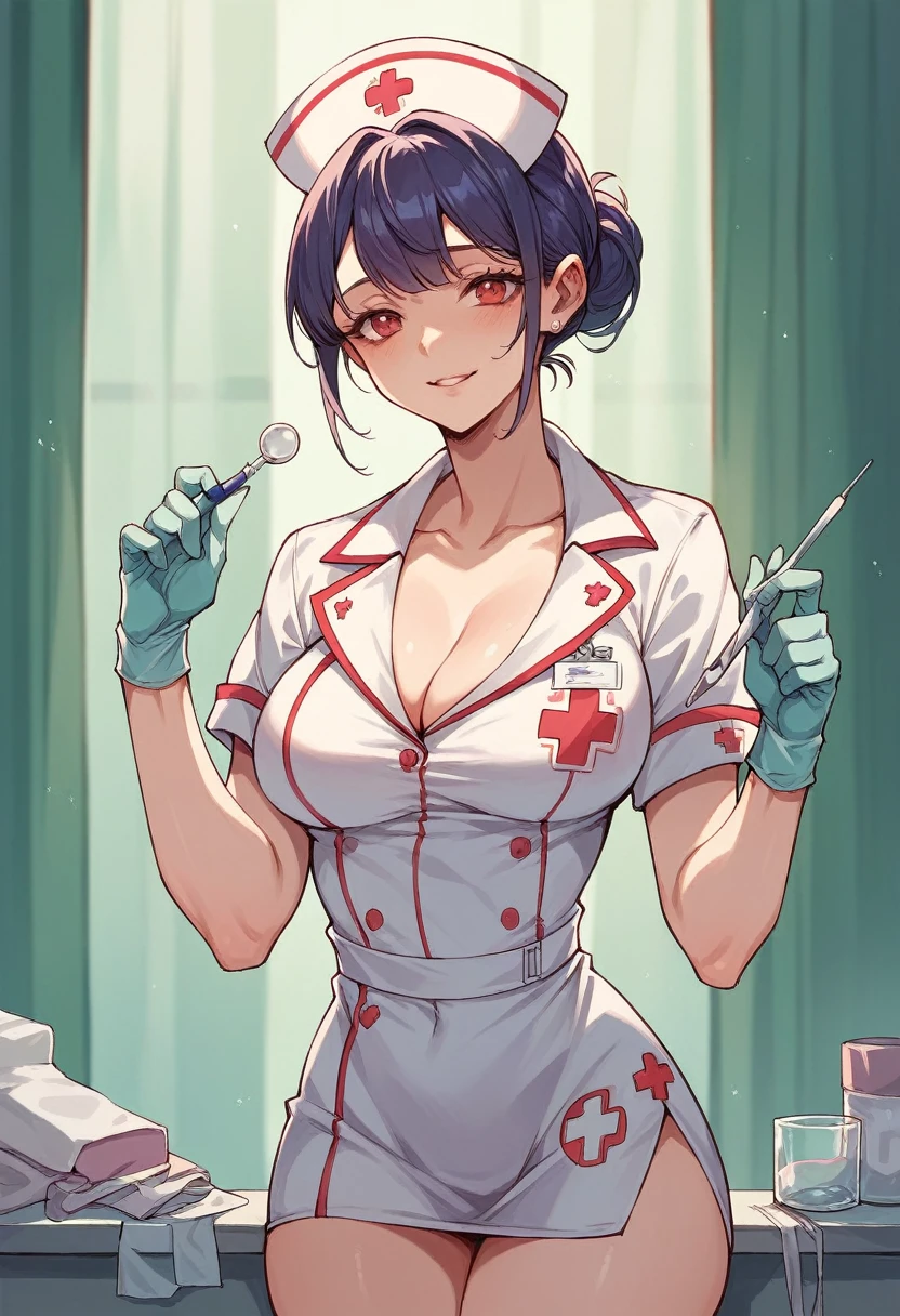 Short hair gothic nurse,with your breasts out, full of cum on breasts and in mouth 