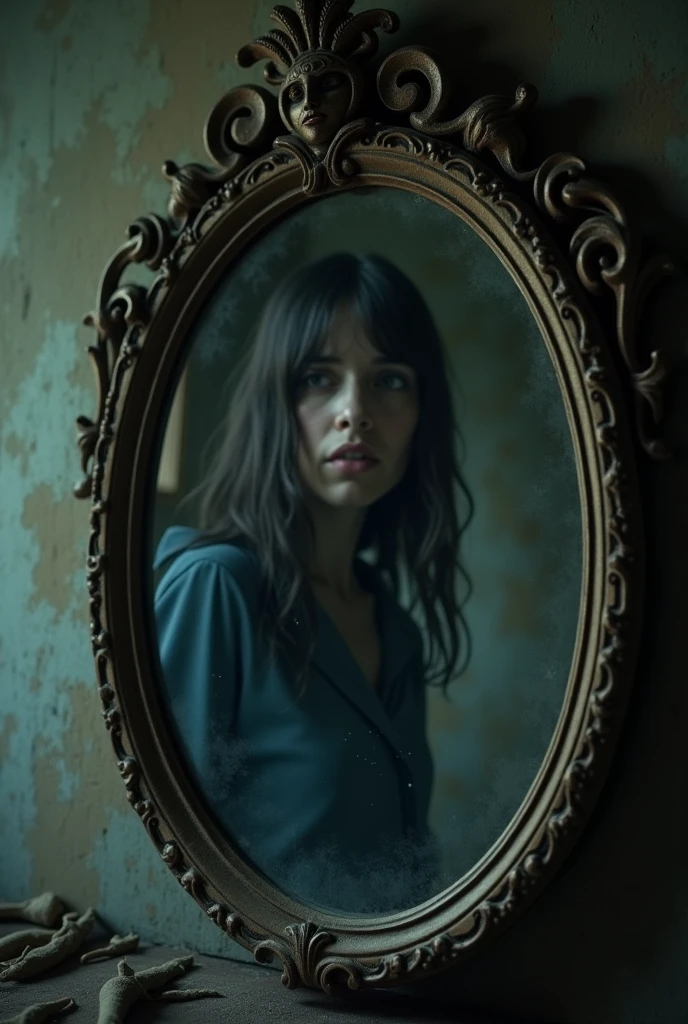 "Paint a vivid picture of the shadowy world within the mirror, where sorrowful voices whisper desperately for assistance."