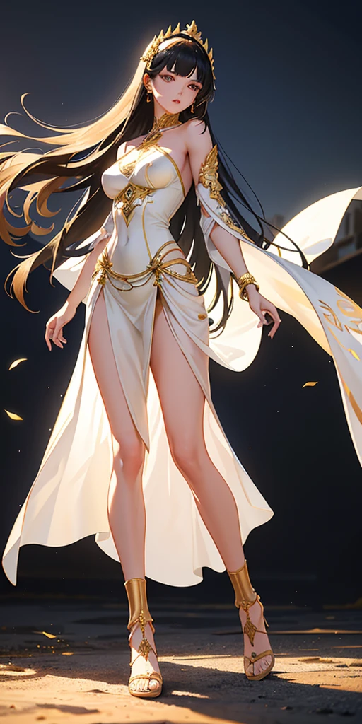 long hair, black hair, medium breast, slim legs, happy, white gown, cleavage, arabian belly dancer , skirt, rin tohsaka, twin tail, navel, garden, night