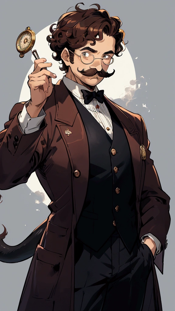 One male scientist,Middle-aged,Curly brown hair,Side Tail,Put on a monocle,Grow a mustache,Gatai is good,Wearing a white shirt, a dark red vest and a black coat,Put a pocket watch on the palm of your hand