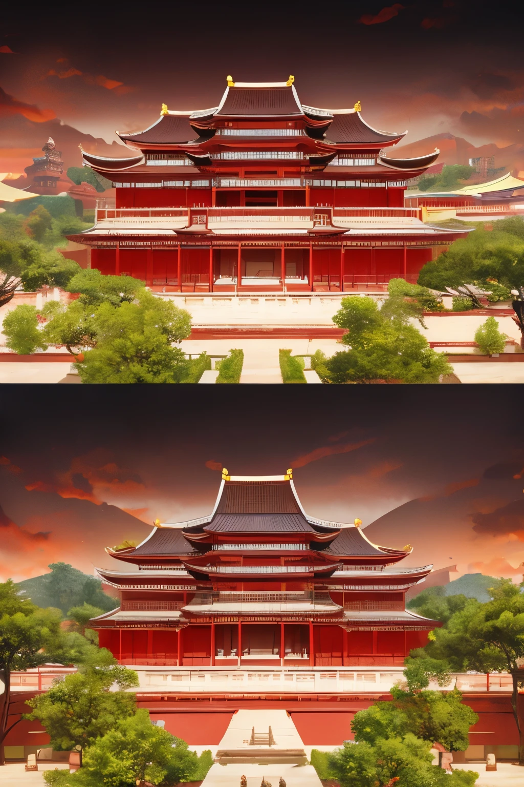 Scene Design，The main color is red，The prosperous Tang Dynasty，Ancient palace scene，There are many palace buildings，古代中国城市Scene Design，Scene Design，Top view