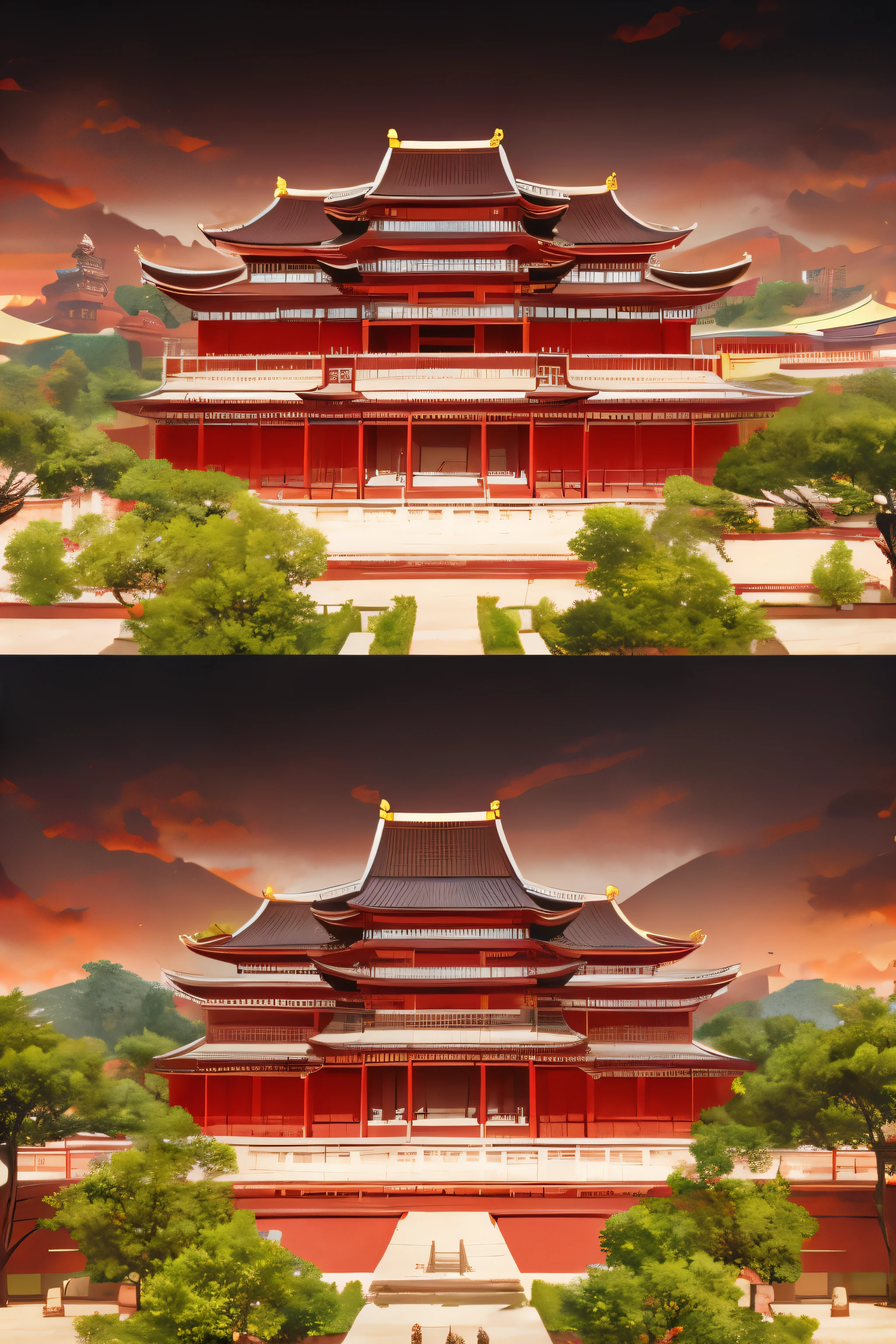 Scene Design，The main color is red，The prosperous Tang Dynasty，Ancient palace scene，There are many palace buildings，Ancient Chinese City Scene Design，Scene Design，Top view