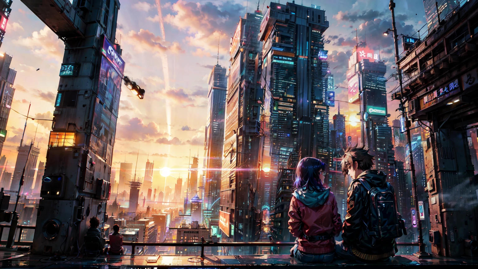 anime couple sitting on a balcony watching the sunset, watching the sun set. anime, lofi artstyle, anime background art, anime style cityscape, beautiful anime scene, lofi art, in style of makoto shinkai, 4 k manga wallpaper, makoto shinkai cyril rolando, hd anime cityscape, ilya kuvshinov landscape, 4k anime wallpaper