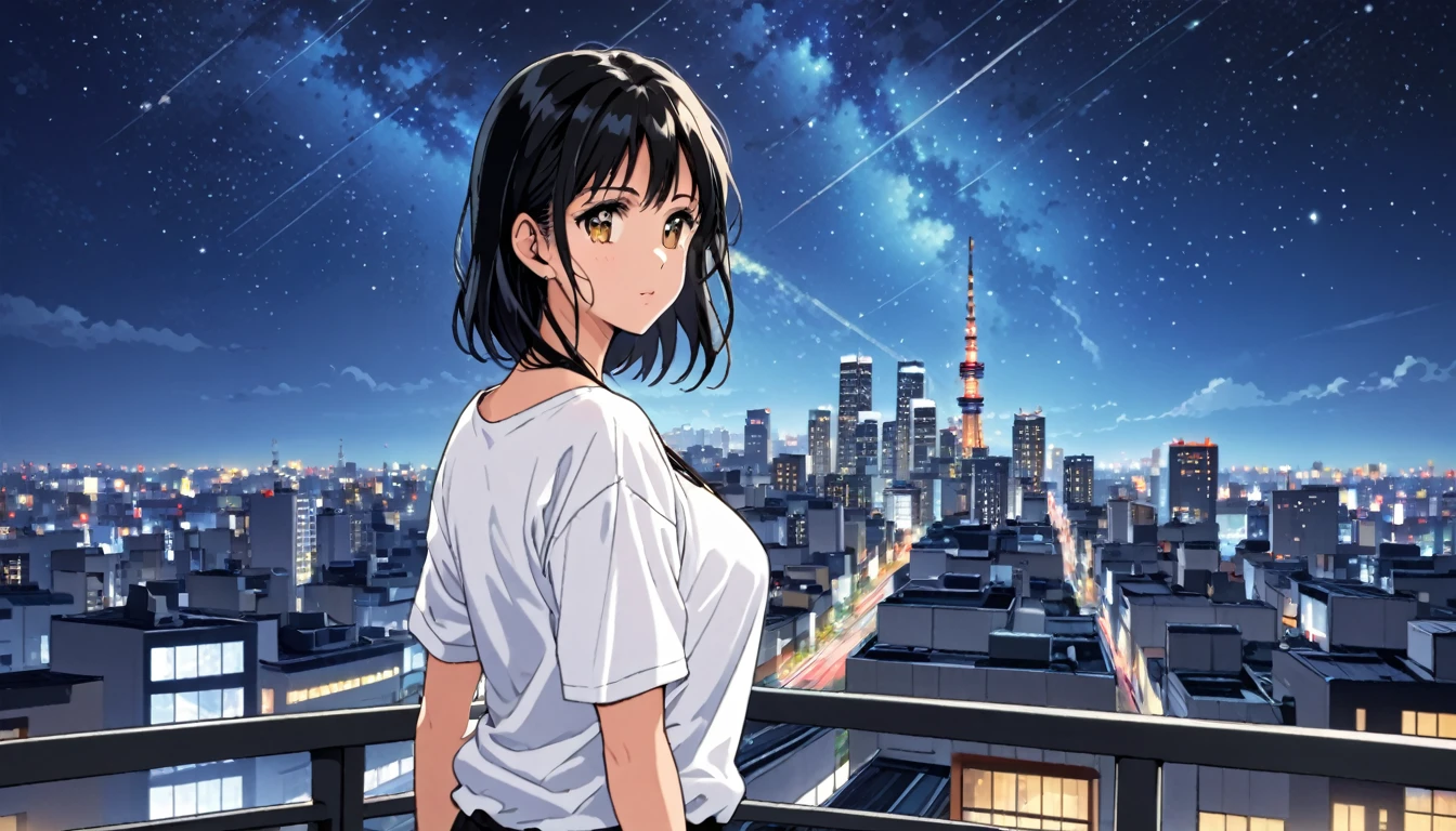 A black-haired woman looking out over the city,Night starry sky,Streetscape、listen to music、Japanese　Black Hair　Cleavage Skyscraper City　Wear a white Y-shirt