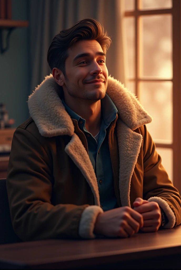 france man, red curly hair, drinking coffee at the sofa, wearing bathrobe, smile, view in the apartment