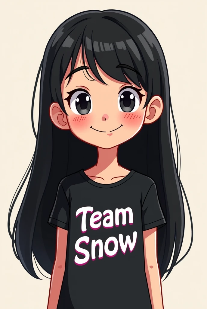 Create an image of cartoon character of a girl long black straight hair wearing a black tshirt and on the tshirt there is Team Snow written on it