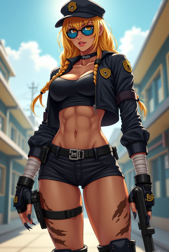 masterpiece, best quality, 1girl, sonyablade, long hair, blonde hair, closeup,choker, crop top, cropped jacket, makeup, contrapposto, standing, cargo pants, black fingerless gloves, highleg panties, combat boots, lace-up boots, new york street background <lora:SonyaBlade:1>