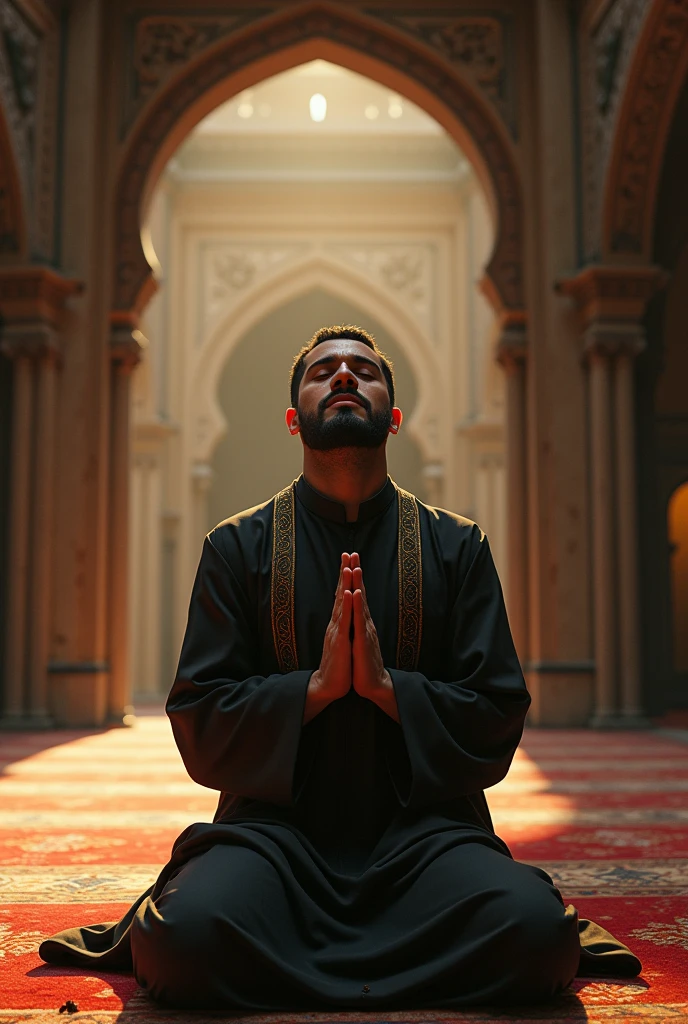 A man praying infront of makkah in blur