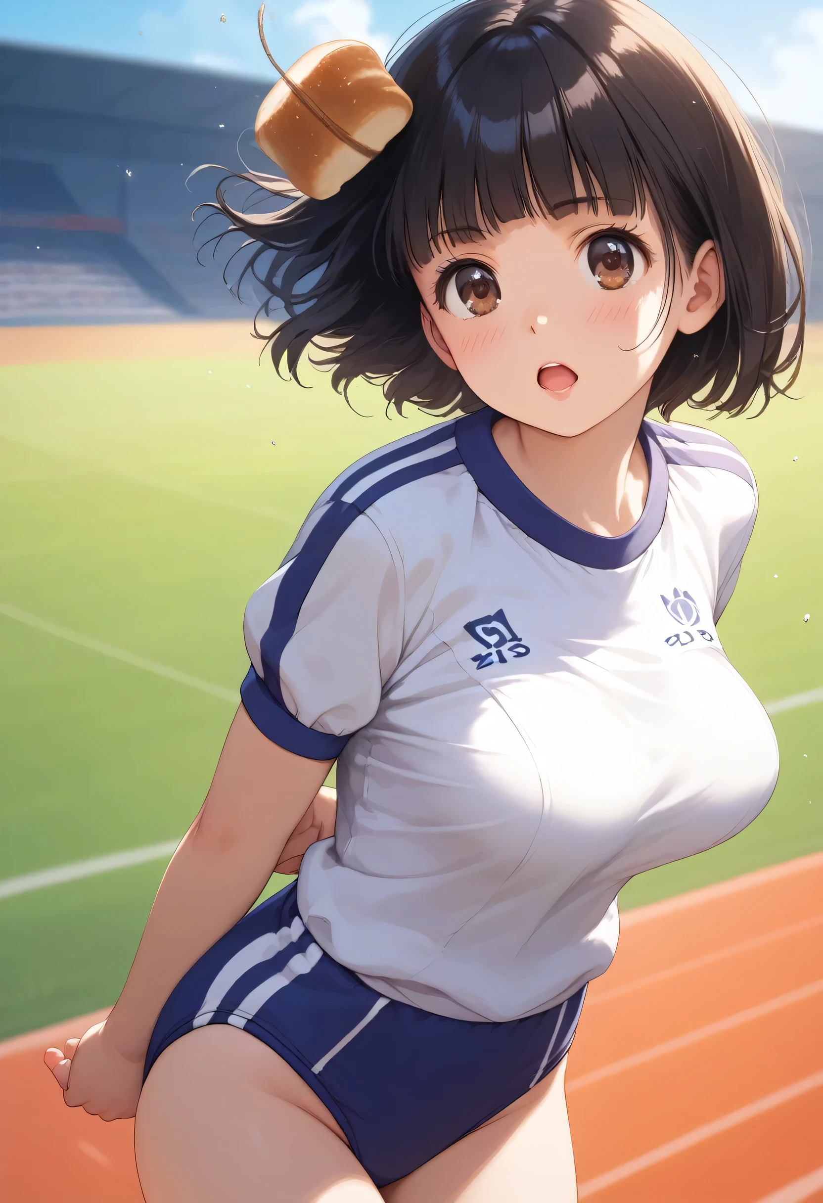pieces fly、masterpiece、highest quality、Super detailed、High resolution、High resolution、8K portrait、Unity 8k壁紙のHigh resolutionCG、unity 8k wallpaper、cute type little:1.5、upon:1.5、Highly detailed CG unity 8k wallpaper、realistic、real person、cute type little、 portrait photography、shiny skin、High resolution、(:1.2)、(1 girl)、beautiful clear eyes、very detailed explanation、delicate face、nice lips、slender body、big breasts 同 thin waist、thin legs、((athletics stadium:1.8))、1 girl, cute type, perfect face, seriously, (blush:1.5)、big breasts 、((Short sleeve gym clothes
:1.3)),(((clothing lift:1.5))), (((I have nipples))), Detailed description vagina,show vagina,spread legs,spread ,((cum in vaginas:1.5))、((change:1.5))