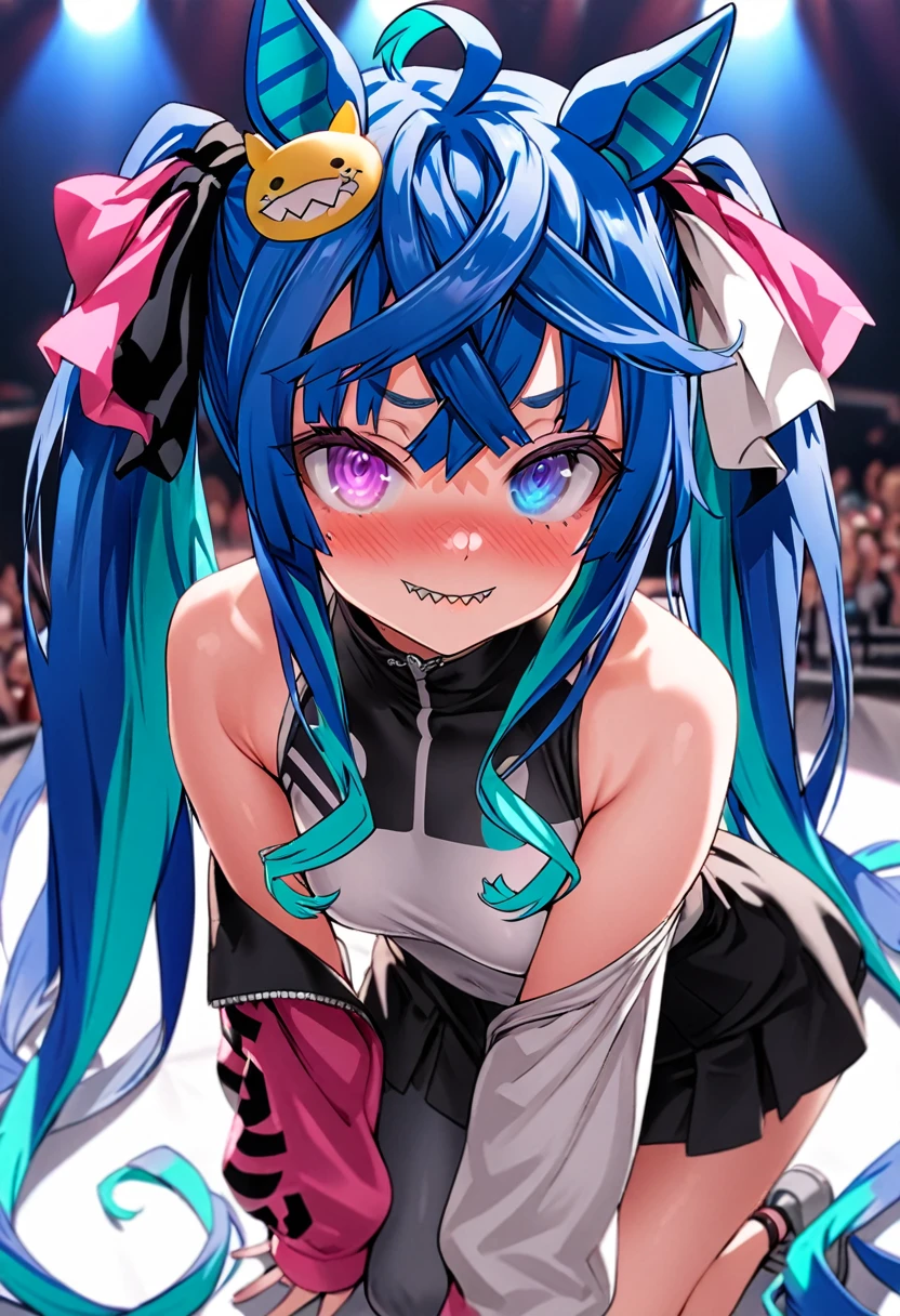 masterpiece,Highest quality,High resolution,Super detailed, solo, 1girl, live stage, ((cute)), Twin Turbo, Umamusume, aqua hair, twintails, heterochromia, purple eyes, blue eyes, sharp teeth, iono_pokemon costume outfit\(bow-shaped hair, low-tied long hair, very long hair, two-tone hair, very long sleeves, sleeves past wrists, sleeveless shirt, single leg pantyhose, shirt, grey pantyhose, grey footwear, character hair ornament, hexagon print\), glossy lips, Baby girl body shape, Embarrassed, seductive model posing, perfect anatomy, noise removal