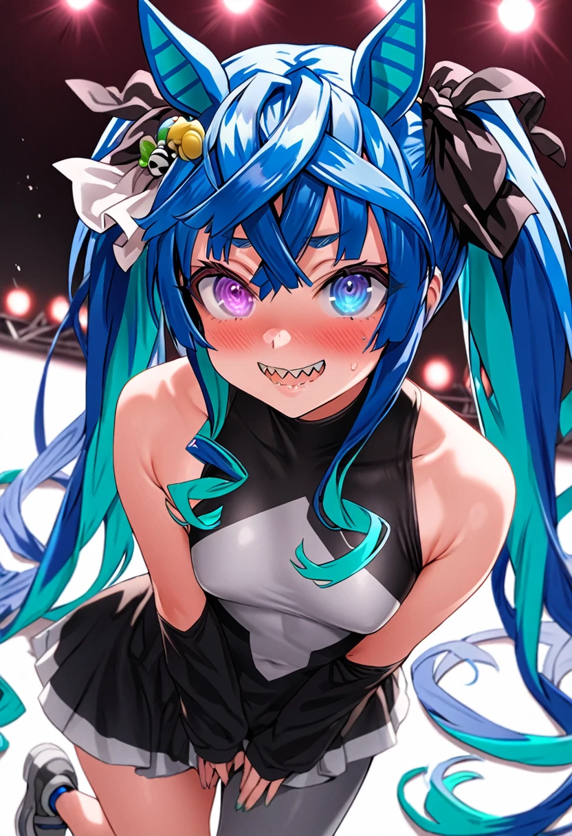 masterpiece,Highest quality,High resolution,Super detailed, solo, 1girl, live stage, ((cute)), Twin Turbo, Umamusume, aqua hair, twintails, heterochromia, purple eyes, blue eyes, sharp teeth, iono_pokemon costume outfit\(bow-shaped hair, low-tied long hair, very long hair, two-tone hair, very long sleeves, sleeves past wrists, sleeveless shirt, single leg pantyhose, shirt, grey pantyhose, grey footwear, character hair ornament, hexagon print\), glossy lips, Baby girl body shape, Embarrassed, seductive model posing, perfect anatomy, noise removal