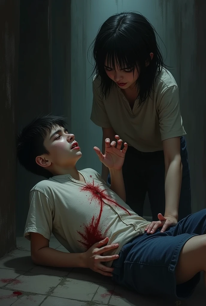 Teenager who is beaten by another teenager and his drawings are lying around