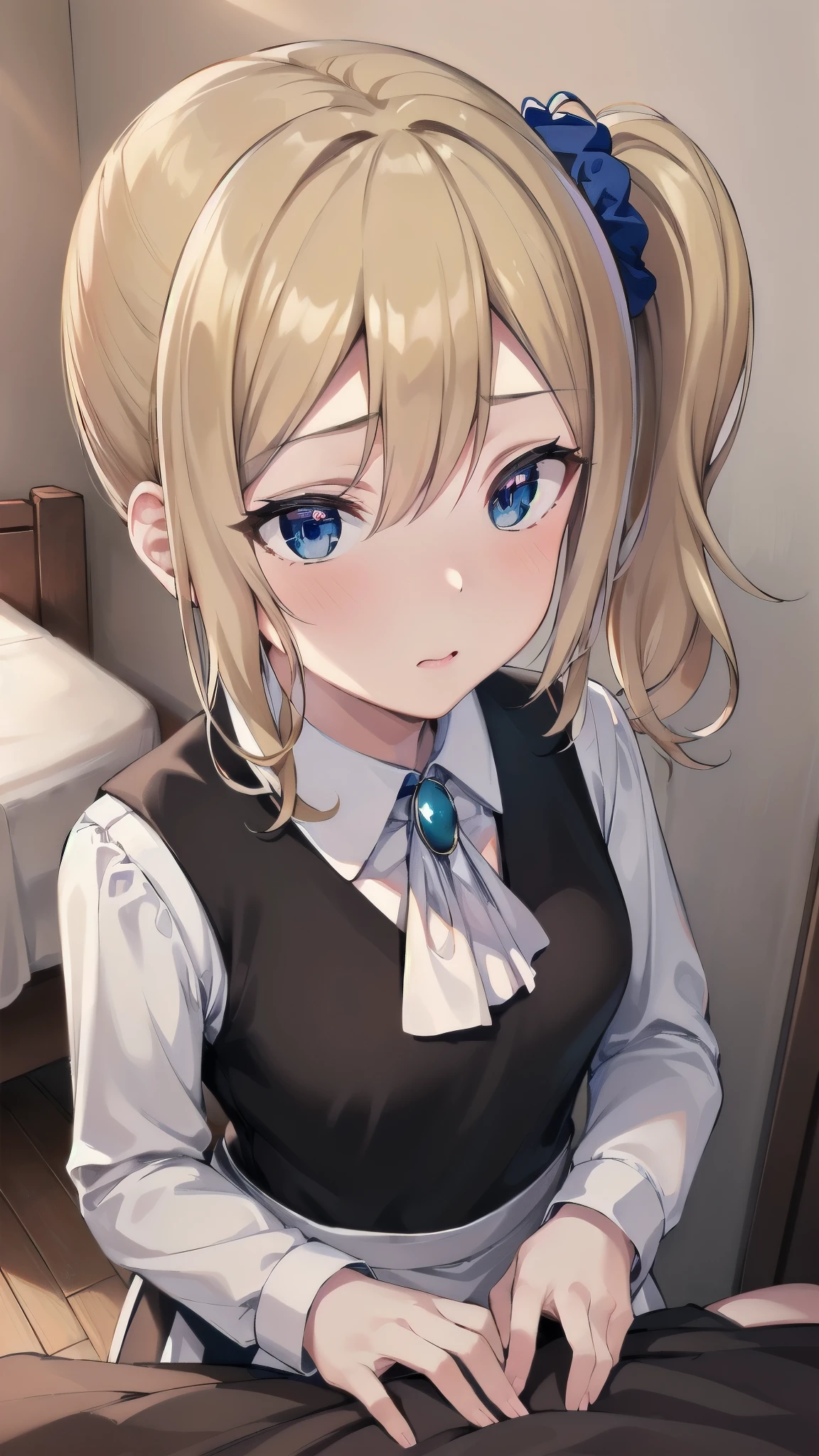 ****ta,teenage,((kawaii)),masterpiece, best quality, highres, aahayasaka, ((side ponytail)),medium breasts, ascot, collared shirt, black vest, long sleeves, maid apron, skirt, indoors, perfect hand,
break looking at viewer, Upper Body, whole body,
break (masterpiece:1.2), Highest quality, High resolution, unity 8k wallpaper, (shape:0.8), bedroom,(Beautiful attention to detail:1.6), Highly detailed face, Perfect lighting, Extremely detailed CG, (Perfect hands, Perfect Anatomy),(1 boy),((penis)),suck on that ,1boy, 1girl, male pov, from above, bedroom,small lip,