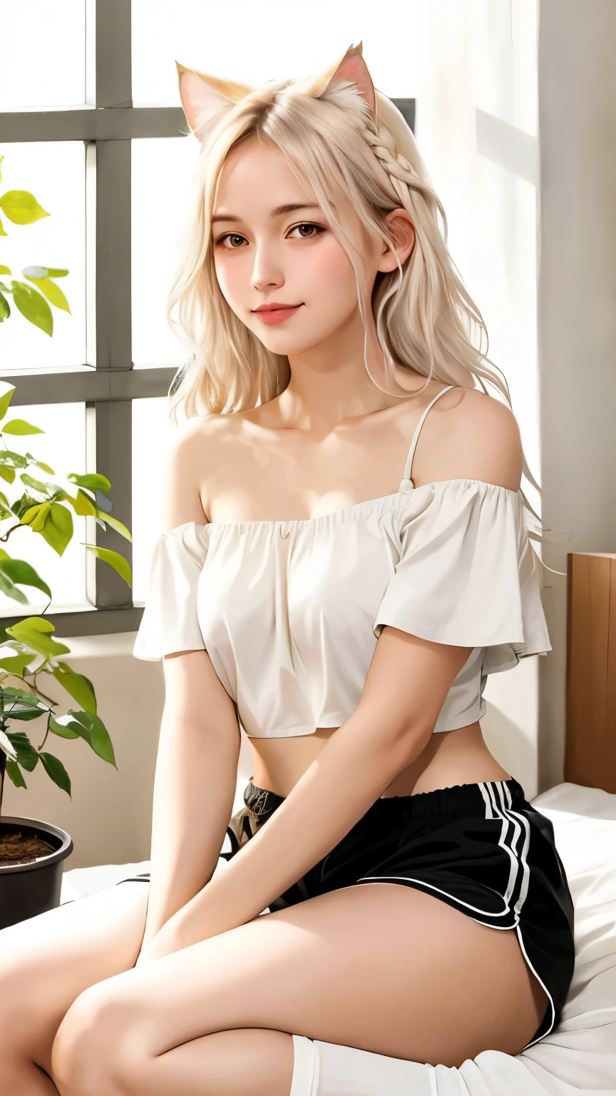 (photorealism:1.2), anime style, beautiful german woman, 30 years old woman, lying with her back on the bed, looking up, wearing tight and short off-shoulder top, cropped top, pajama shorts, long curly hair, indoors, soft lighting, plants in background, window with sunlight, cozy room, realistic, intricate details, warm colors, white hair, cat ears, hands tied together over her head, small cup size, braided, rote schleife im haar, smirk, blush, perfect hands, thin lips,