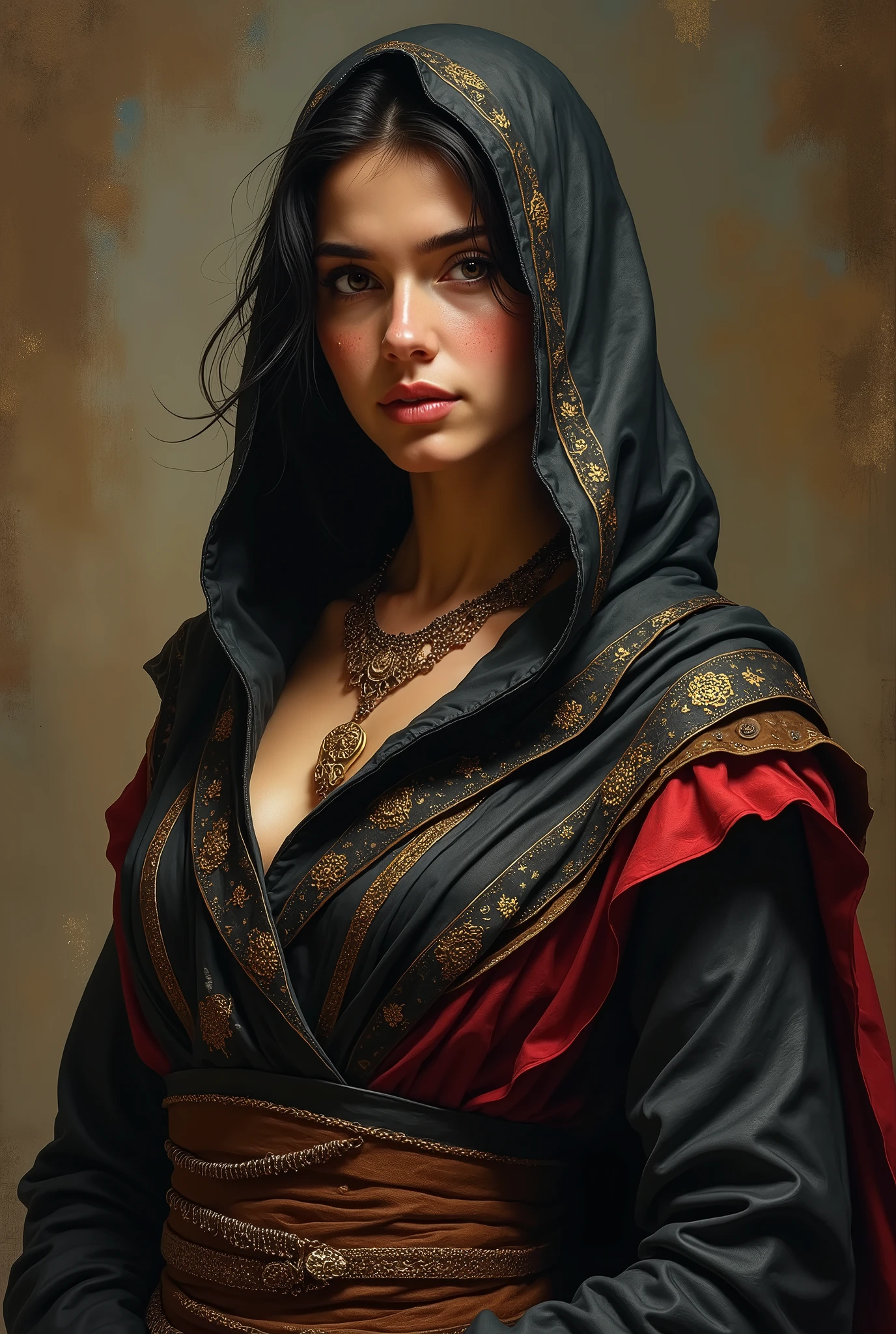 A woman with red headscarf,red lips,arabic inspired,moroccan queen,traditional makeup,egyptian makeup,(best quality,4k,8k,highres,masterpiece:1.2),ultra-detailed,(realistic,photorealistic,photo-realistic:1.37),intricate details,dramatic lighting,vibrant colors,chiaroscuro,oil painting