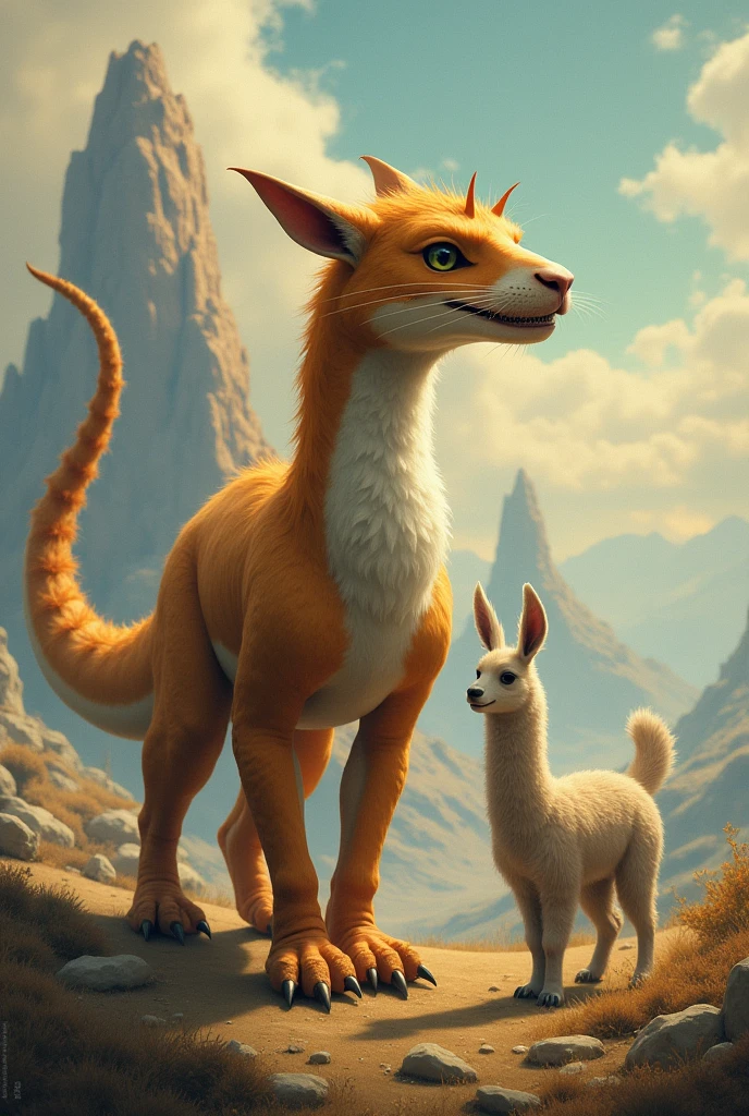 Create an image of a Cat Dinosaur and Vicuña
