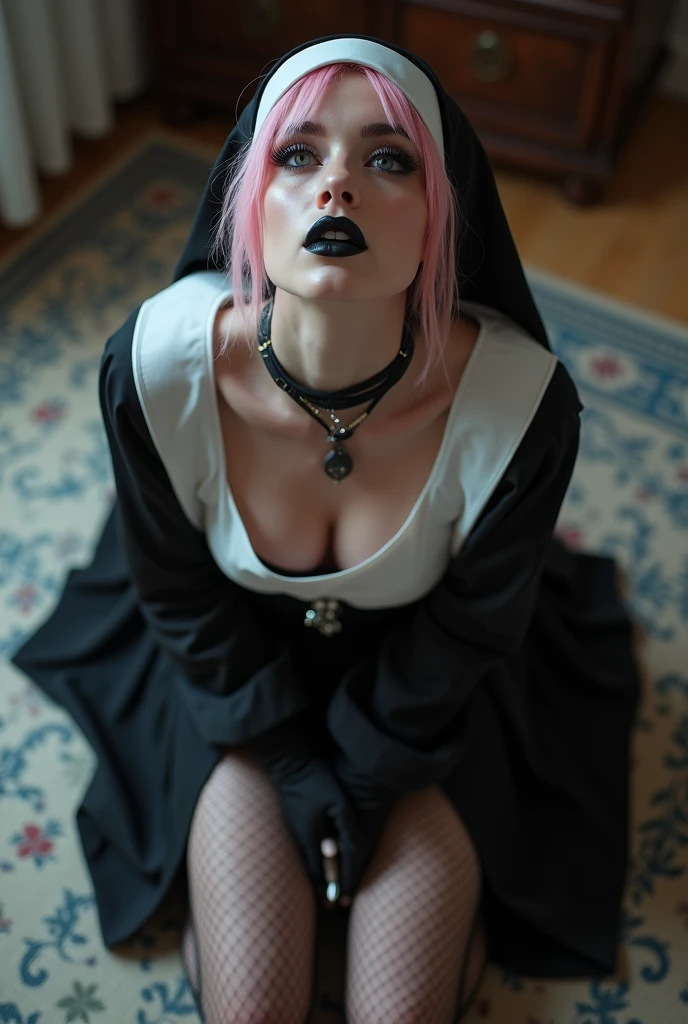 1girl, (nun:1.1), blue hair, messy hair, (braid), young female, ahegao, rolling eyes, spread legs, black thighhighs, torn clothes, (veil:1.1), bare breasts, BreastsApart, showing her face, (open mouth:1.2), (exhaling:1.5)