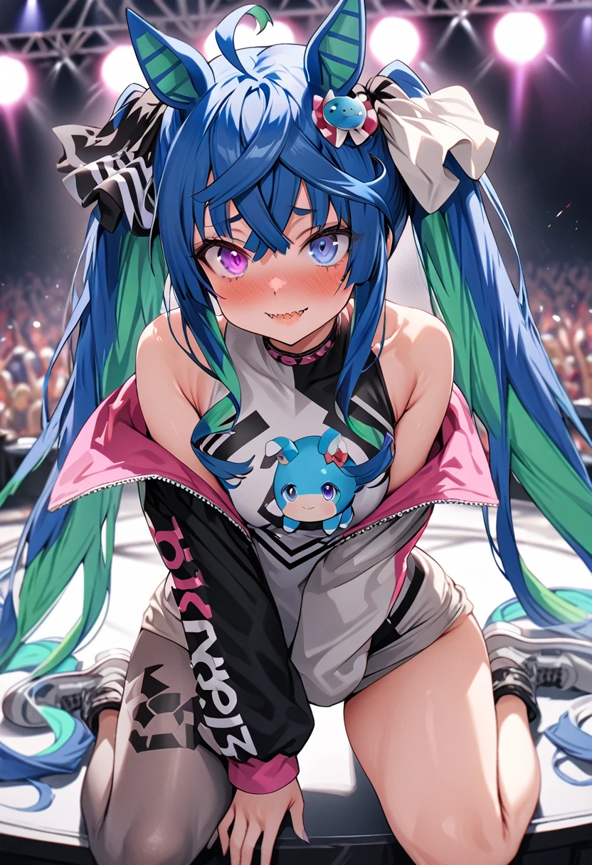 masterpiece,Highest quality,High resolution,Super detailed, solo, 1girl, live stage, ((cute)), Twin Turbo, Umamusume, aqua hair, twintails, heterochromia, purple eyes, blue eyes, sharp teeth, iono_pokemon costume outfit\(bow-shaped hair, low-tied long hair, very long hair, two-tone hair, very long sleeves, sleeves past wrists, sleeveless shirt, single leg pantyhose, shirt, grey pantyhose, grey footwear, character hair ornament, hexagon print\), glossy lips, Baby girl body shape, Embarrassed, seductive model posing, perfect anatomy, noise removal