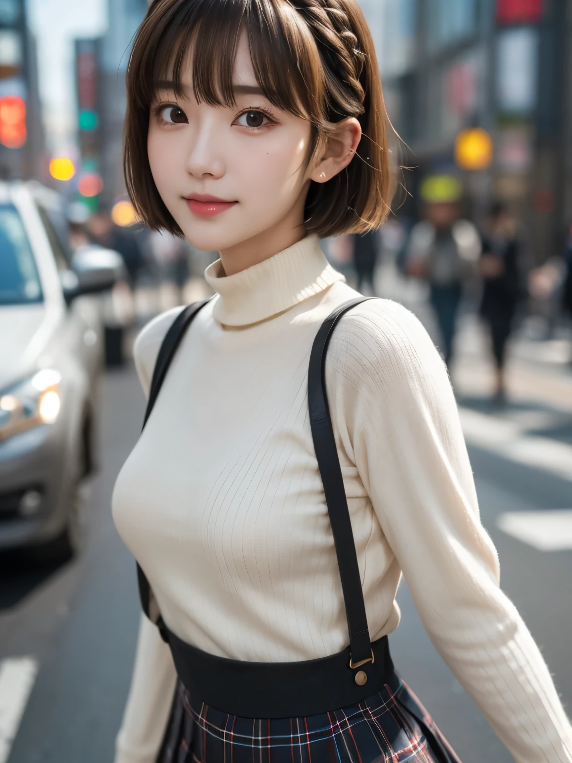 natural skin,(close-up:1.0) photo of as (young:1.0) woman, (oiled skin:1.0), (tilted angle shot:1.0), (8k uhd:1.0), (best quality:1.0), (masterpiece:1.0), (sharp focus:1.0), (basic grey backdrop:1.0), Realistic photos,
BREAK 1girl, solo, smile, looking at viewer, (close up:1.15), walking,
BREAK makoto nijima, blunt bangs, braid, brown hair, crown braid, (red eyes:1.3), short hair,
BREAK black pantyhose, black skirt, black vest, bow, checkered clothes, checkered skirt, long sleeves, miniskirt, pantyhose, plaid, plaid skirt, pleated, pleated skirt, red bow, school uniform, shirt, shuujin academy school uniform, skirt, sweater, sweater vest, turtleneck, turtleneck sweater, vest, white shirt, white sweater,
BREAK A girl standing in the center of Shibuya Scramble Crossing,