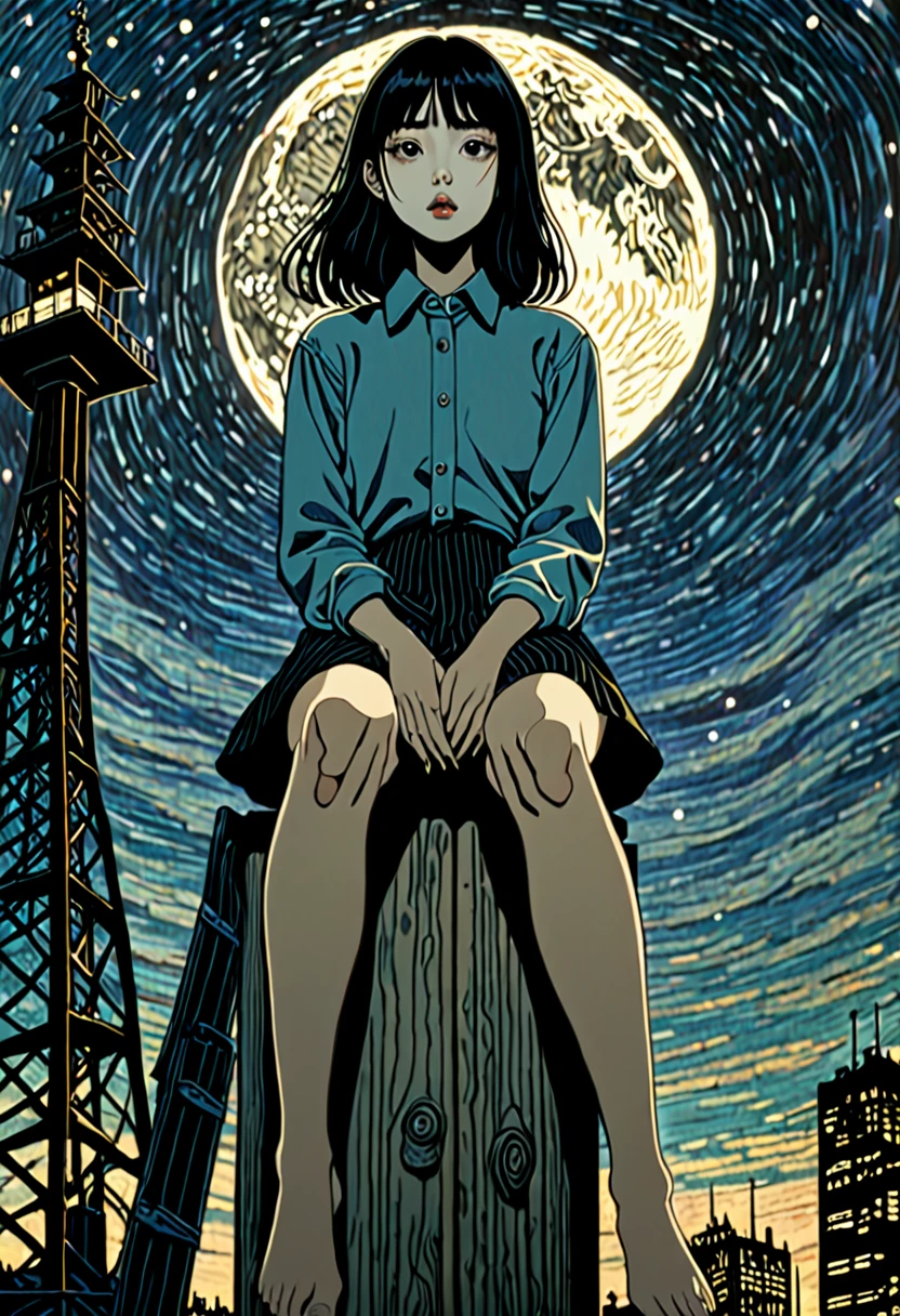 Illustration、art、Junji Ito、Overaction、Overreaction、sit on top of a tall tower、Attention to detail、Black Hair、Long Hair、Bob haircut, realistic shadow、Analog Style、Surrealism、Van Gogh Background、night