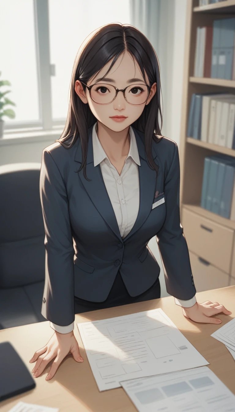 (KWAII,drama,Asian,imagem sem fundo:1.1)office lady,long hair,straight hair,medium breasts,Glasses,office room