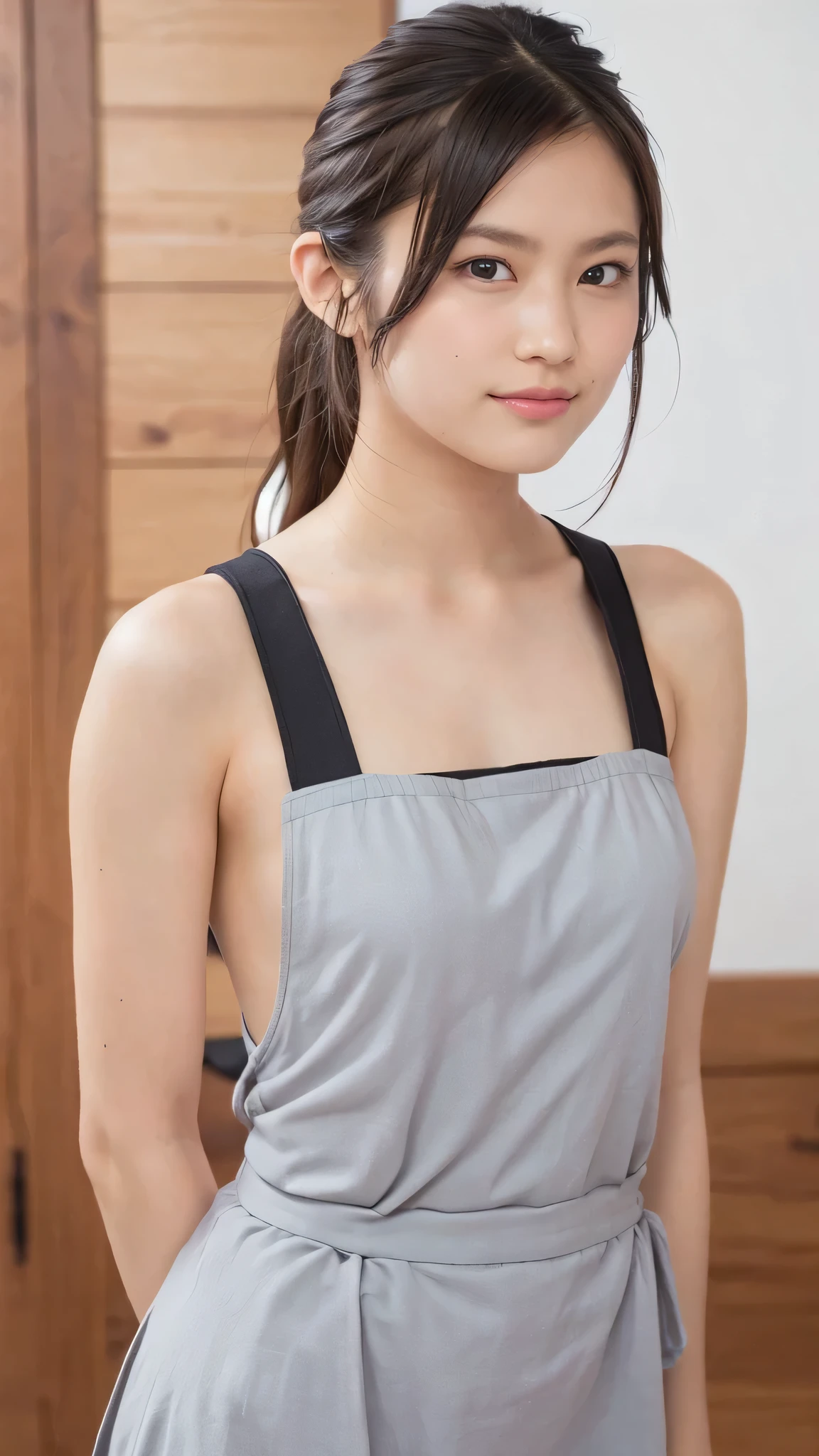 college girls、ite person、((Naked wearing only one white apron、Naked sexy white apron))、Outside the field、(Slimed、small tit、flat boobs、small tit)、Photorealsitic、detaileds, Skin Texture, ultra-detailliert、Delicate and sexy collarbone、A smile、Super Detailed Face、Detailed lips、A detailed eye、二重まぶた、Sitting on legs bending the knees、Squatting、White panties are visible from the skirt、sexy pose、Shorthair with bangs、Straight bob hair、、Angle from top edge、14y