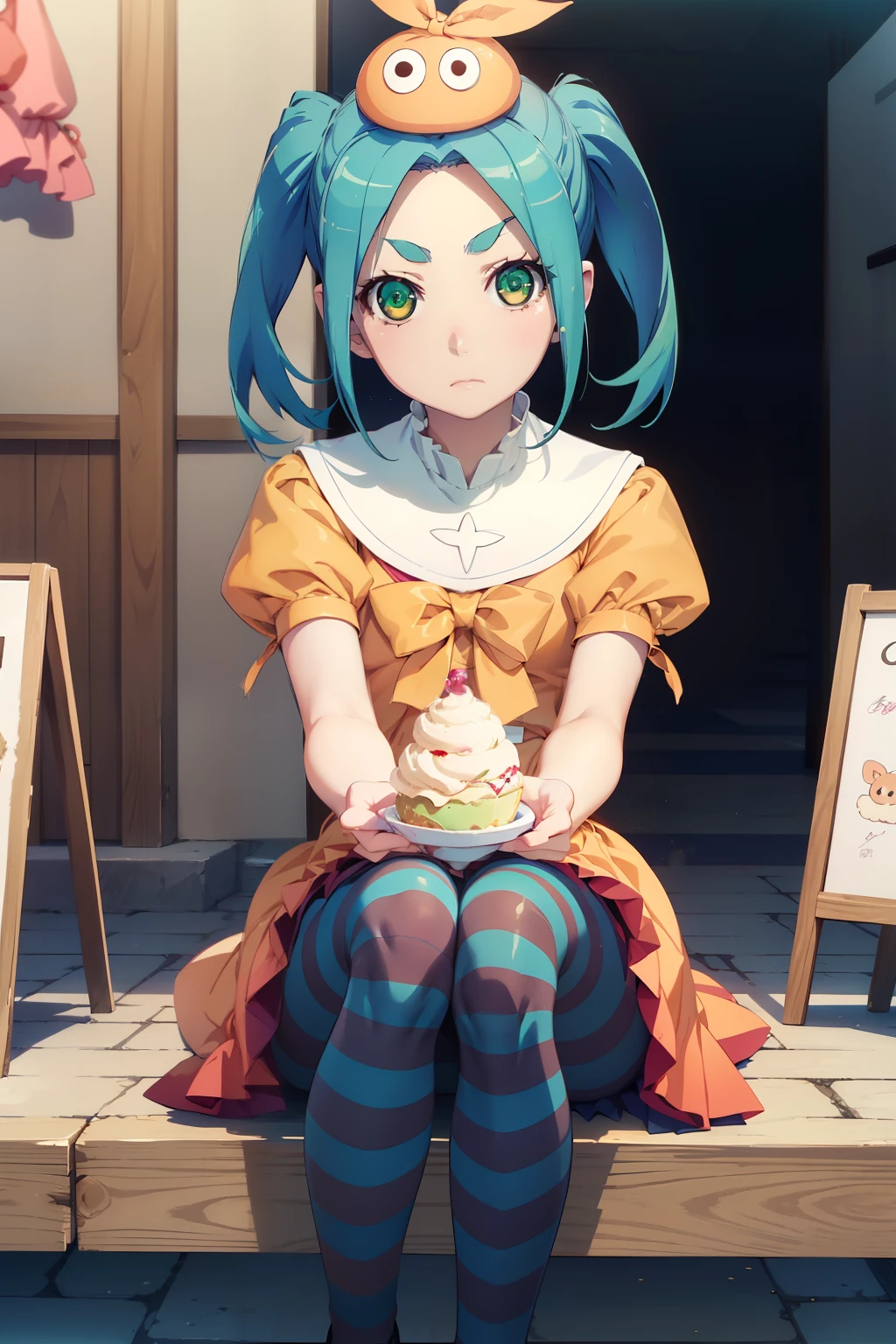 masterpiece、Best Quality、High resolution、Detailed face、((anime、anime塗り、animeカラーリング、RAW Photos、Bakemonogatari、official))、summer、Old candy shop、Sit down、Holding an ice cream bar、 1girl, Alone, looking at viewer, ononokiyotsugi, aqua hair, short hair, green eyes, twintails, thick eyebrows, striped pantyhose, blue and gray pantyhose, dress, orange dress, white turtle neck collar, white frills, hat, puffy sleeves, short sleeves,Alone, game center, close up,Sailor Moon's signature pose , expressionless, closed mouth、