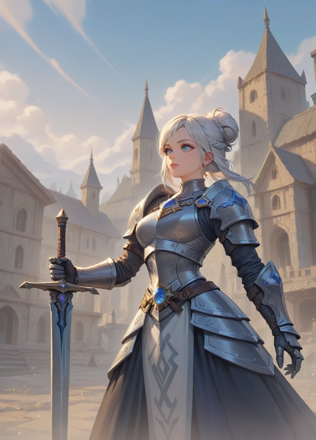 (masterpiece, best quality:1.1), thief (dq3), 1girl, solo, short hair, white hair, blue eyes, medium breasts, pink gloves, jewelry, pearl necklace, earrings, belt, sword, yellow breastplate, black bodysuit, bag, (coin, sword on hip:1.2), (dutch angle, dynamic pose, from side:1.3), (blue skies, nature:1.2) 